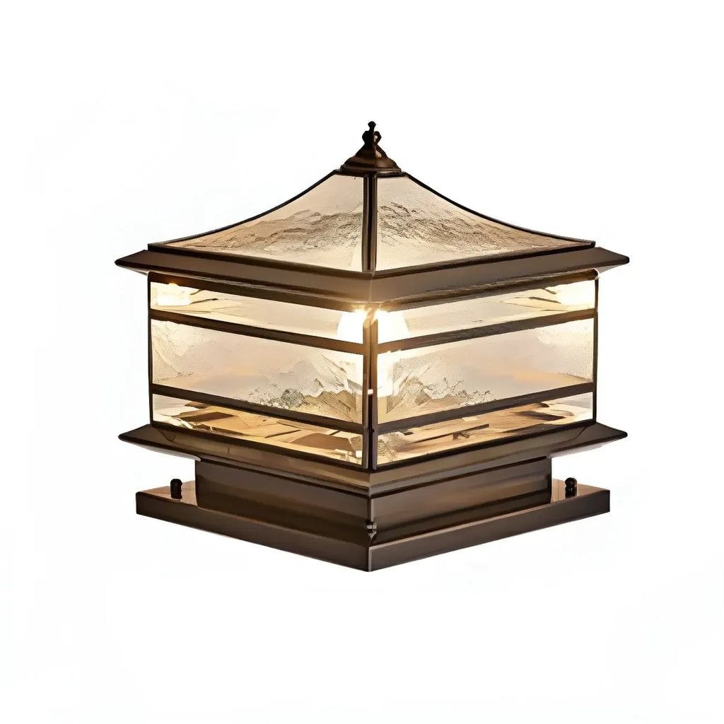 Brass Square Metal Glass Palace-Shape Wired Post Cap Light