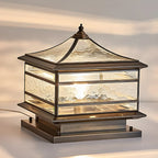 Brass Square Metal Glass Palace-Shape Wired Post Cap Light