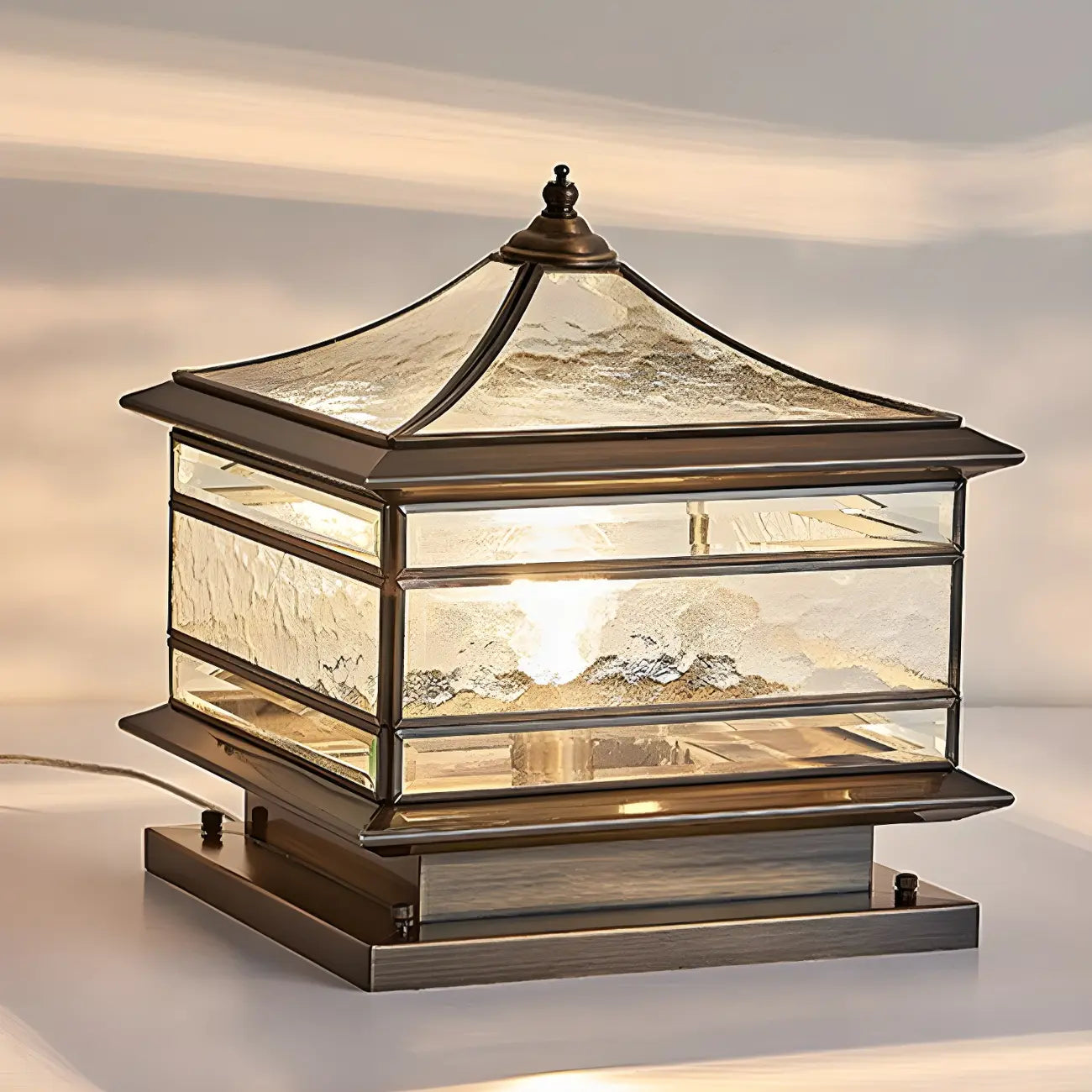 Brass Square Metal Glass Palace-Shape Wired Post Cap Light
