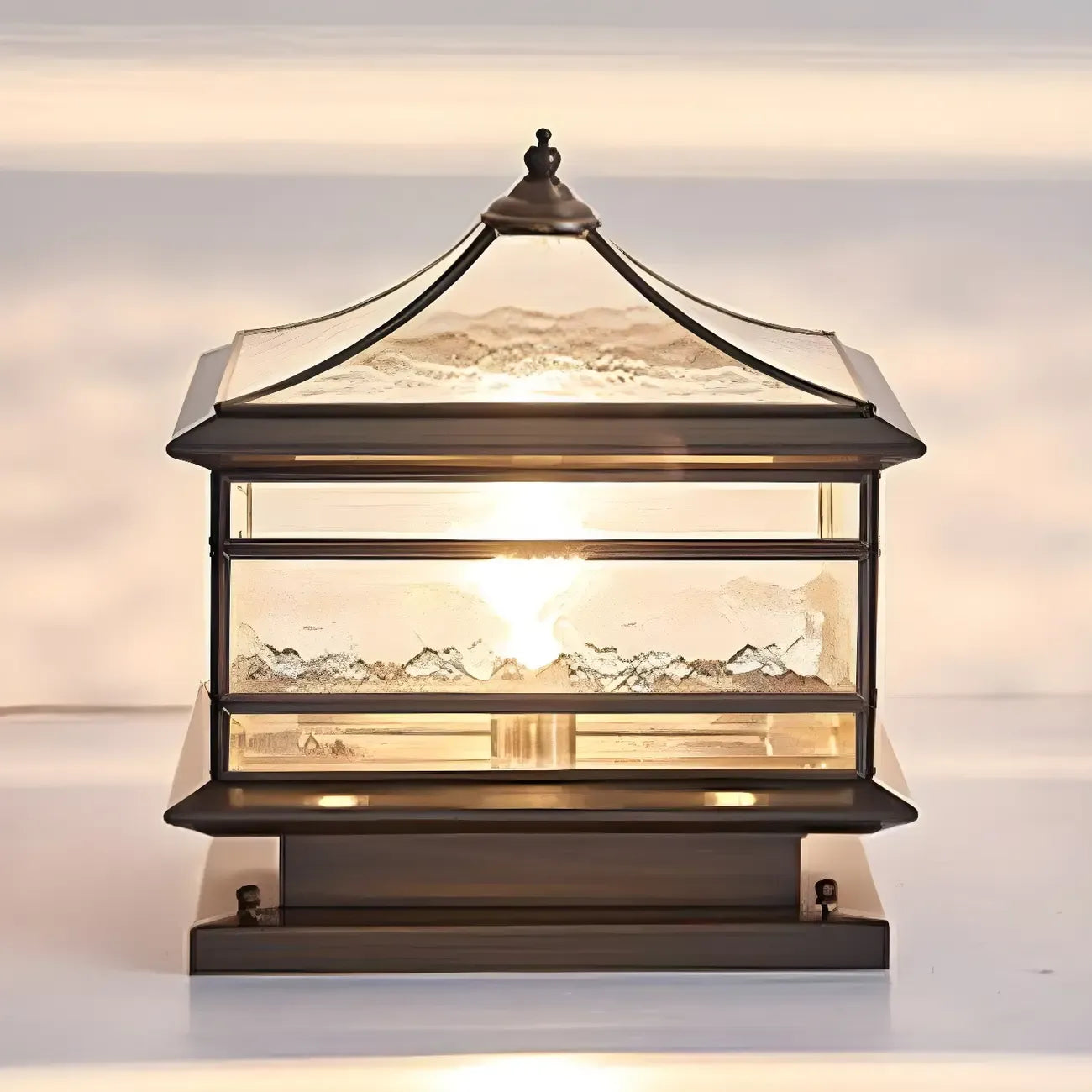 Brass Square Metal Glass Palace-Shape Wired Post Cap Light