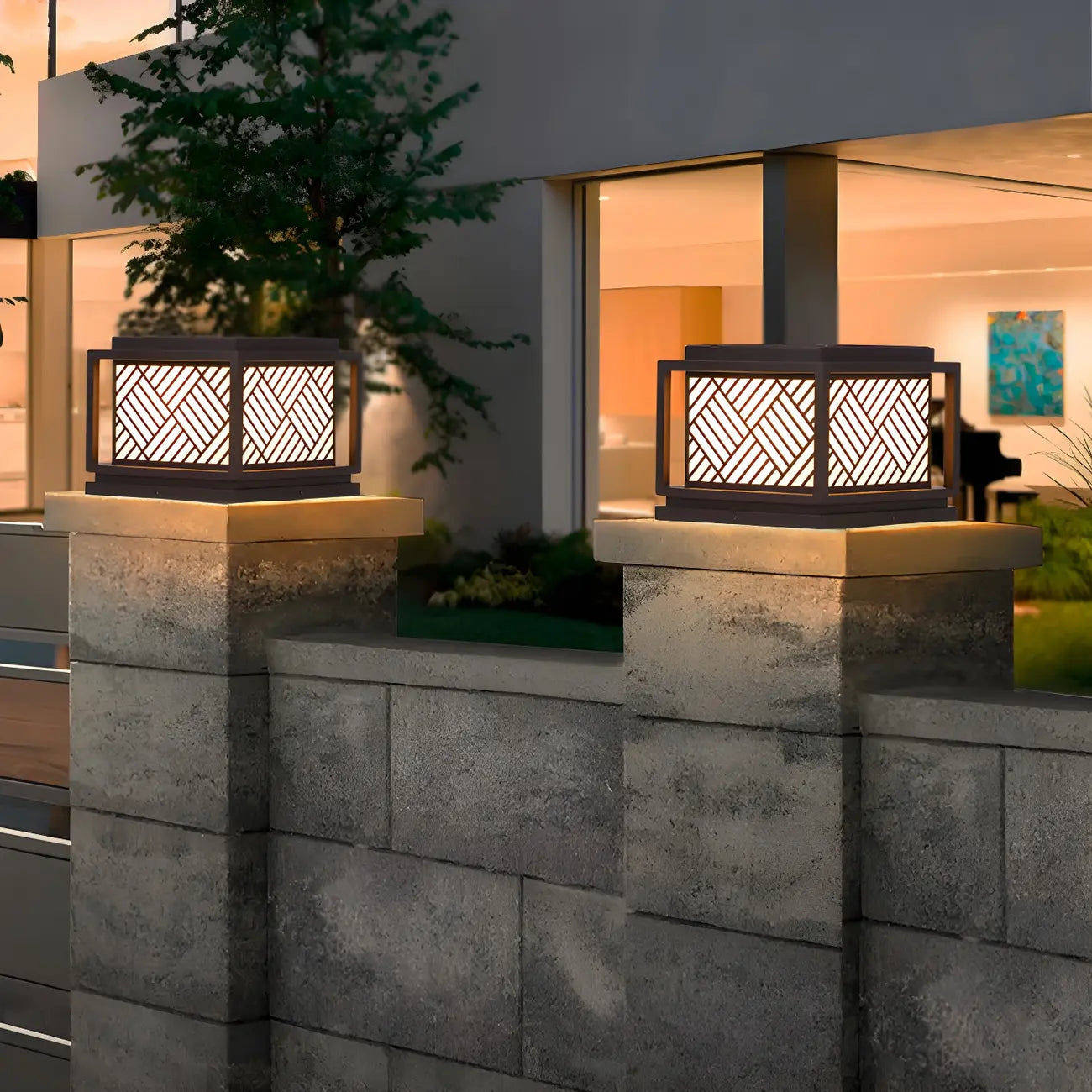Cubic Metal Post Cap Light with Geometric Pattern Shade