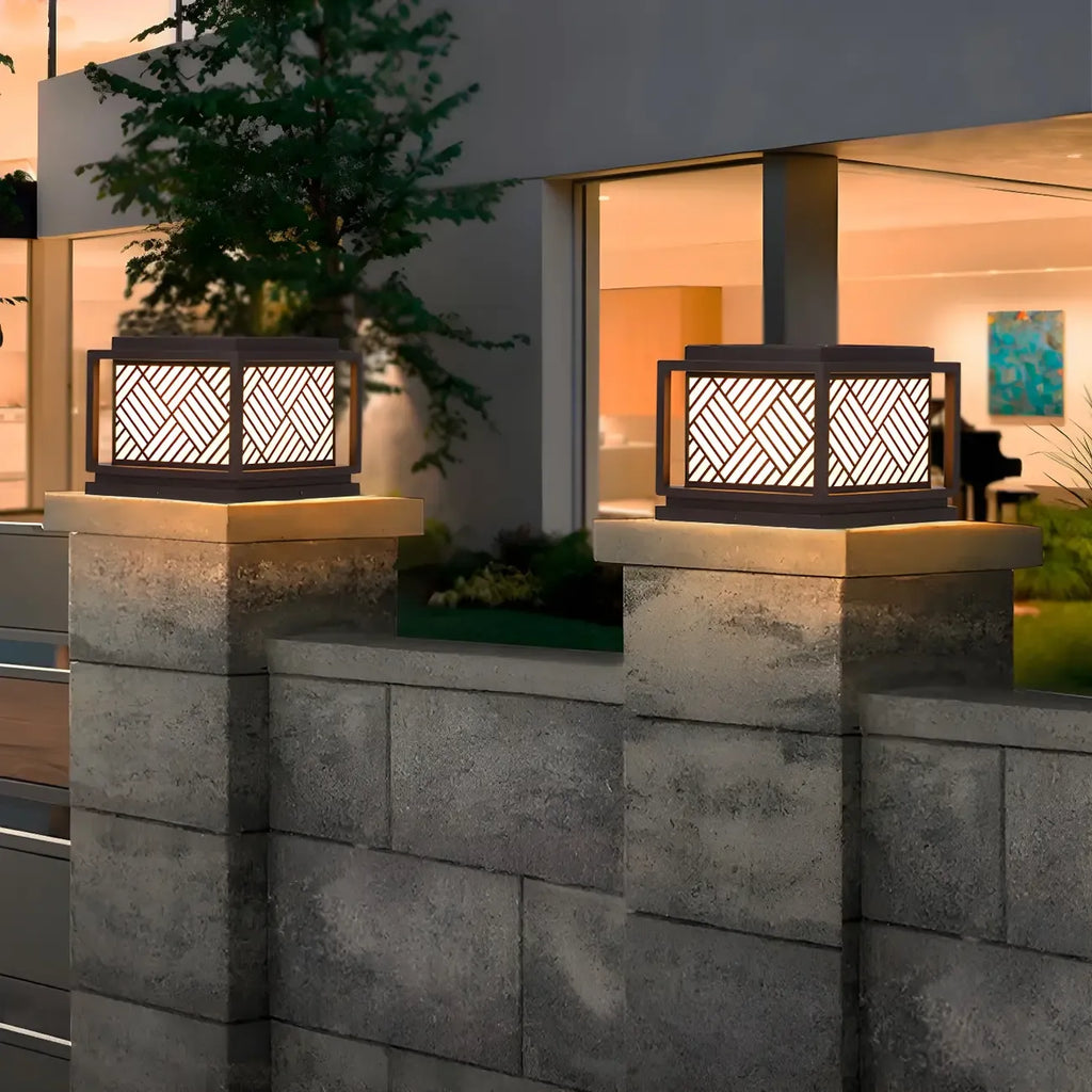 Cubic Metal Post Cap Light with Geometric Pattern Shade