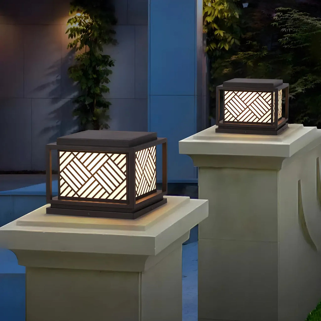 Cubic Metal Post Cap Light with Geometric Pattern Shade