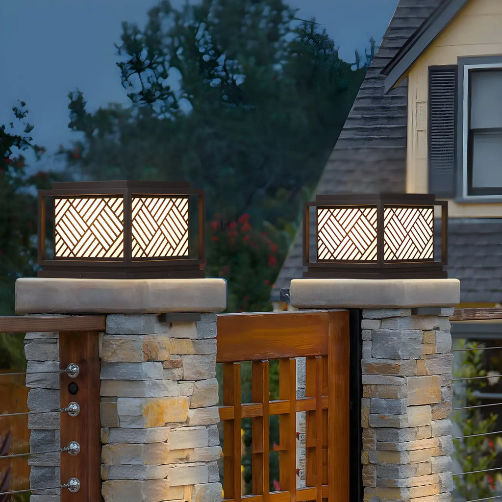 Cubic Metal Post Cap Light with Geometric Pattern Shade