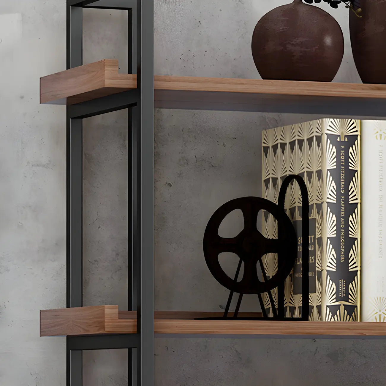 5-Shelf Industrial Metal Wood Brown Display Bookcase