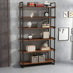 5-Shelf Industrial Metal Wood Brown Display Bookcase