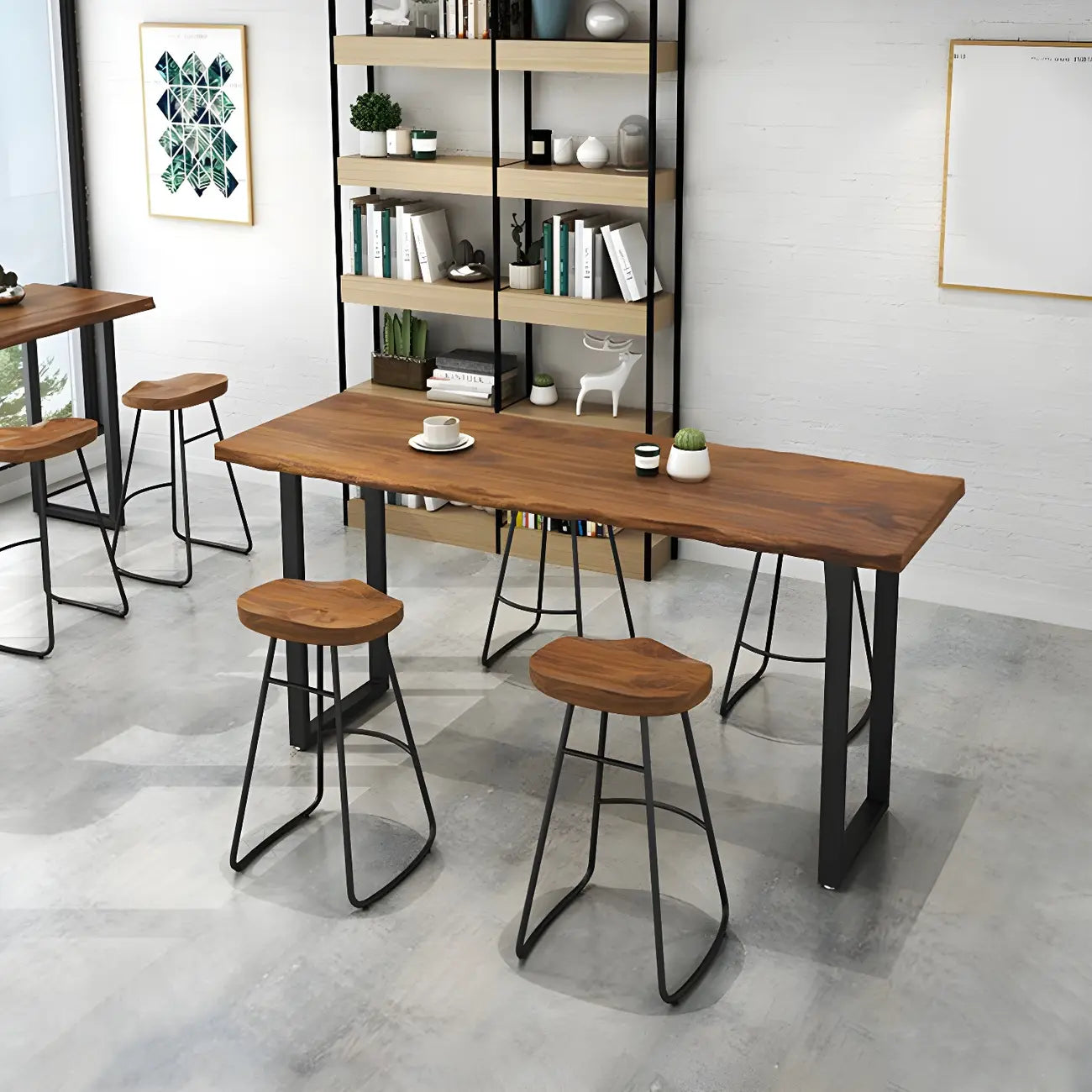 Pine Wood Rectangular Metal Base Bar Table Brown