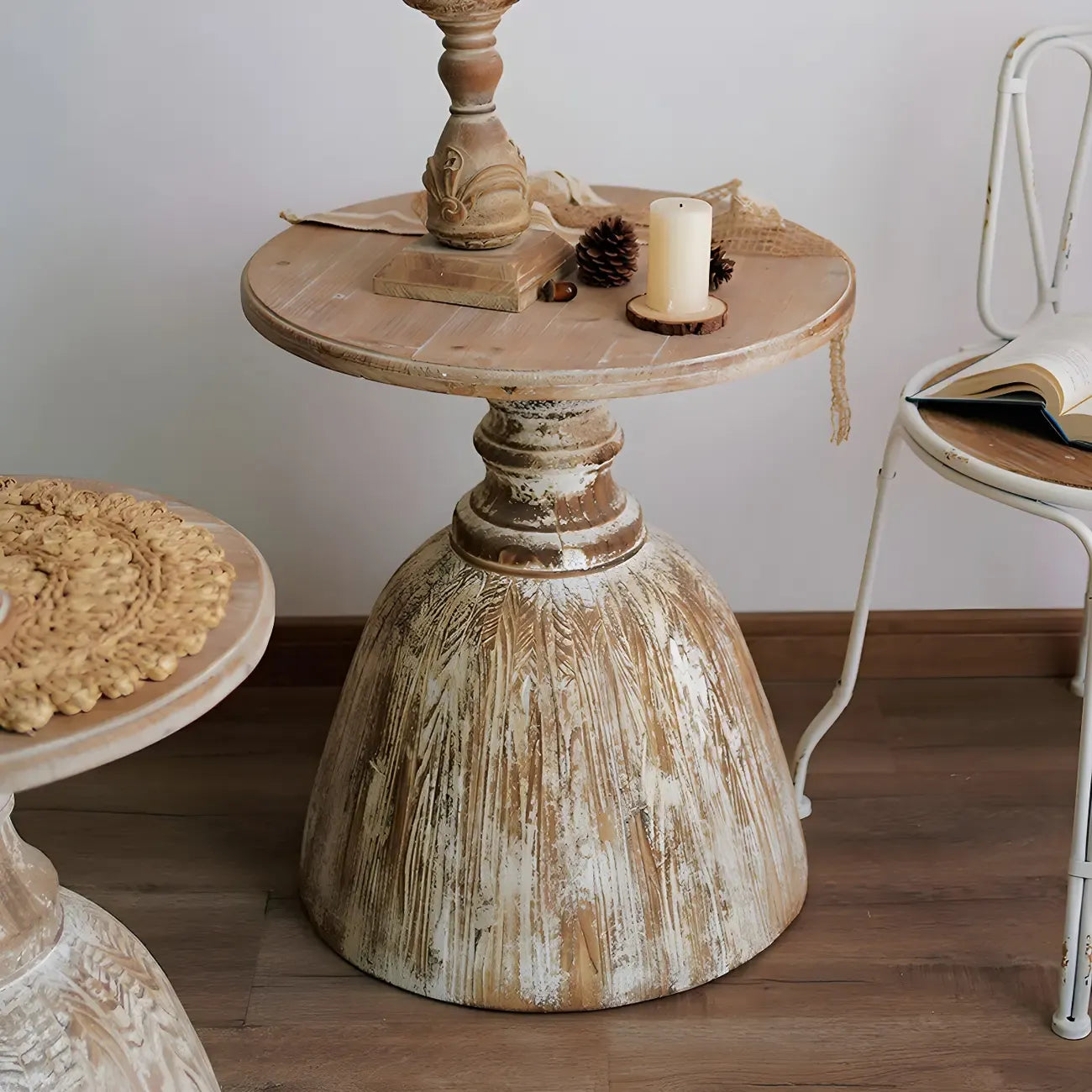Rustic Natural Wood Pedestal Round Side Table for Living Room