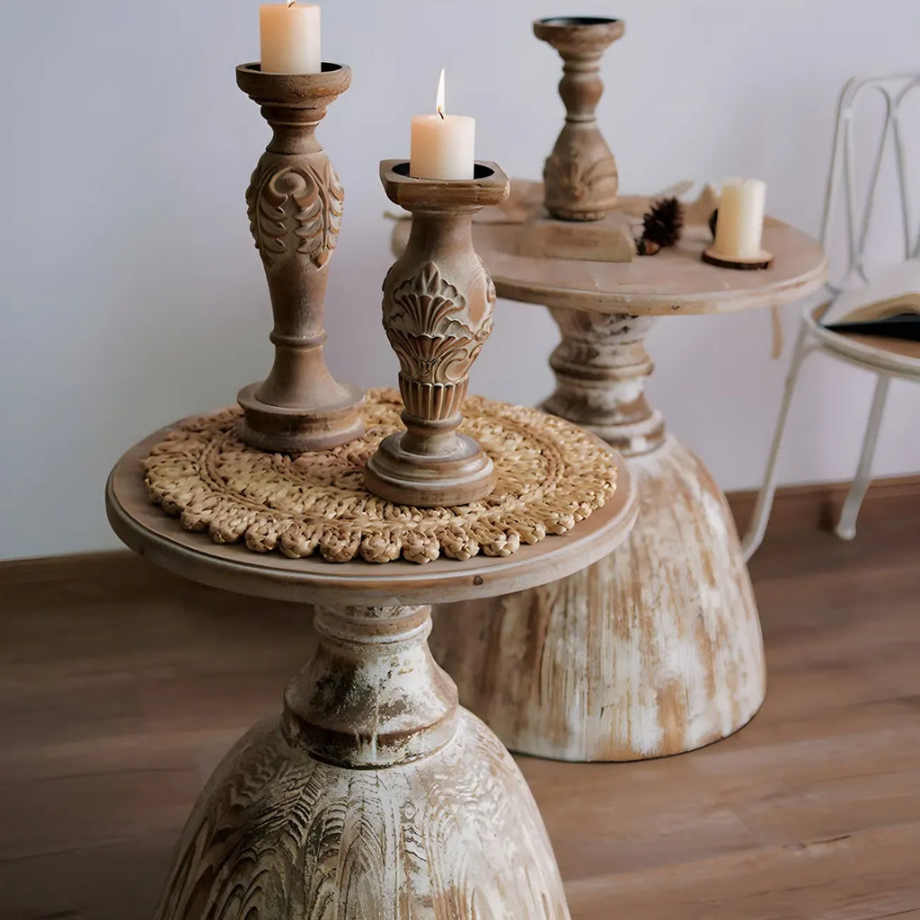 Rustic Natural Wood Pedestal Round Side Table for Living Room