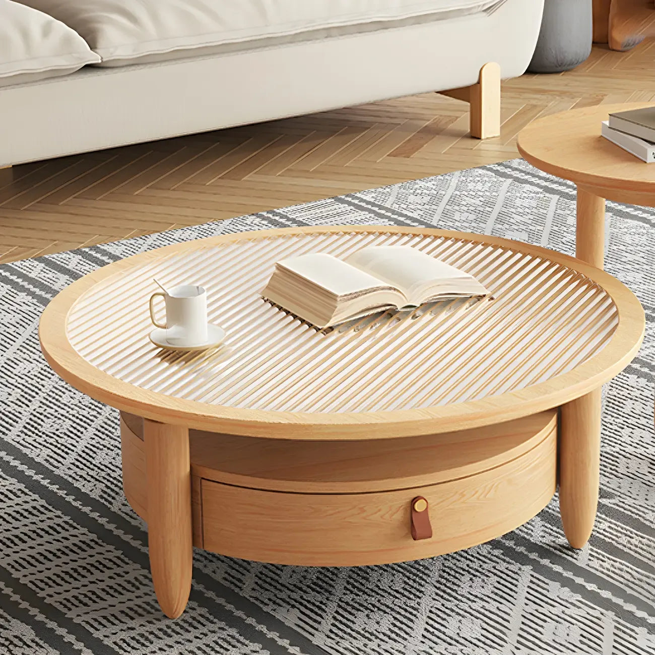 Brown Round Modern Wood Glass Drawer Coffee Table
