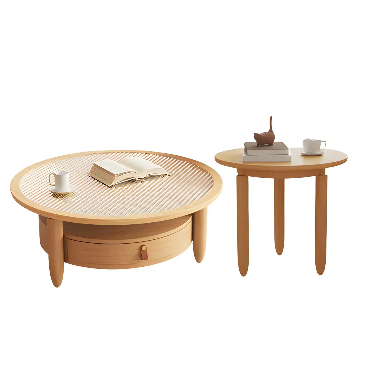 Brown Round Modern Wood Glass Drawer Coffee Table