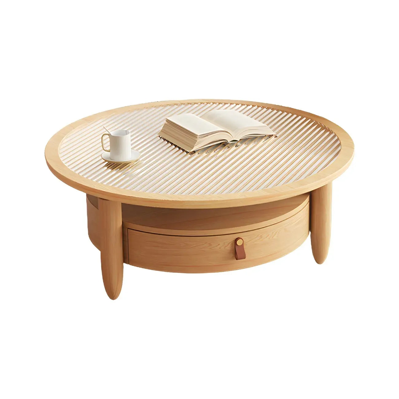 Brown Round Modern Wood Glass Drawer Coffee Table