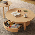 Brown Round Modern Wood Glass Drawer Coffee Table