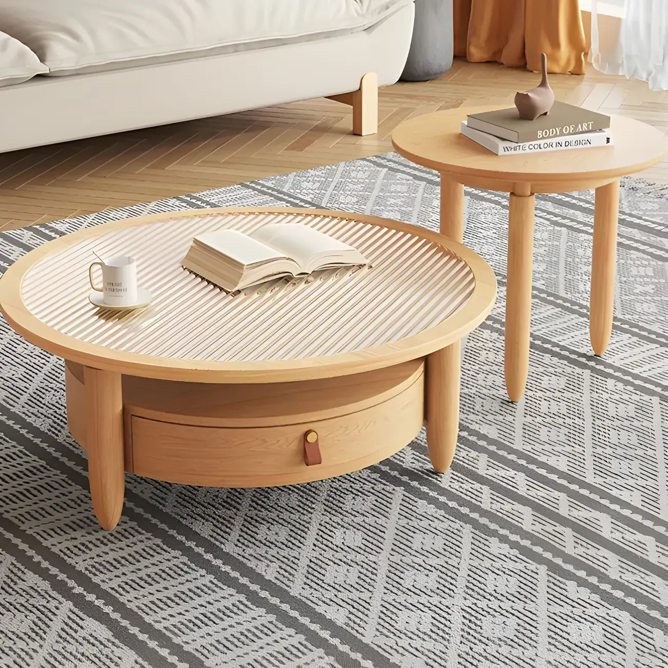 Brown Round Modern Wood Glass Drawer Coffee Table