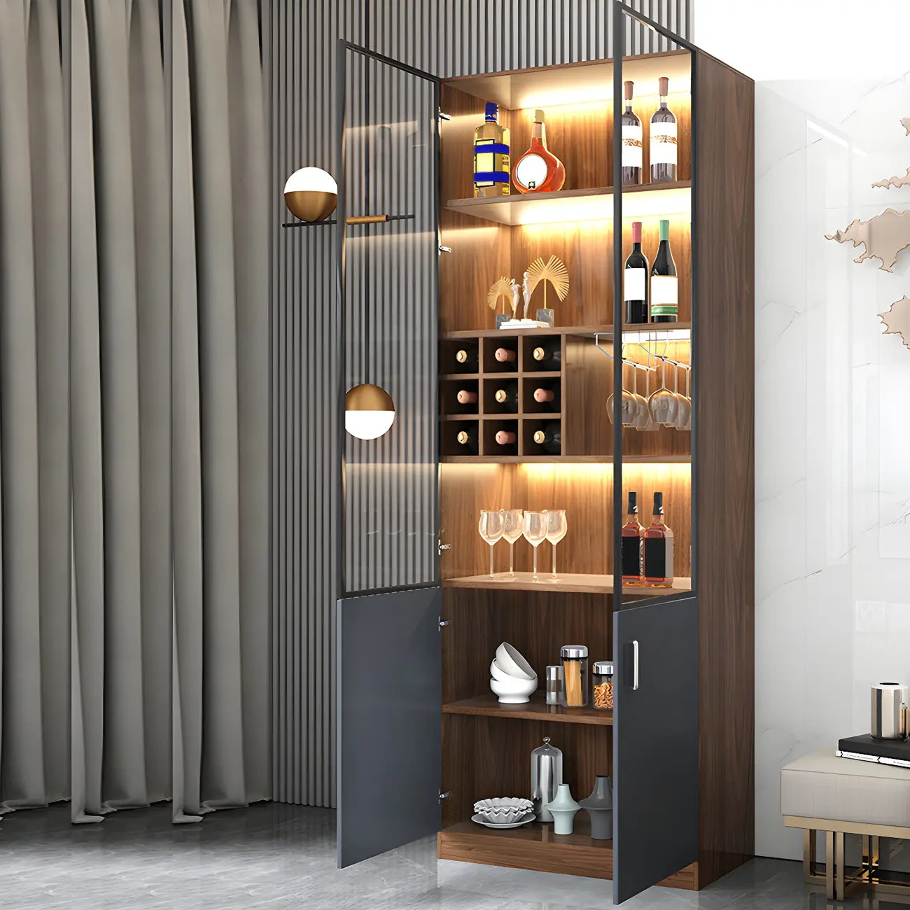 Black-Gray Wood Storage Display Cabinet with Light