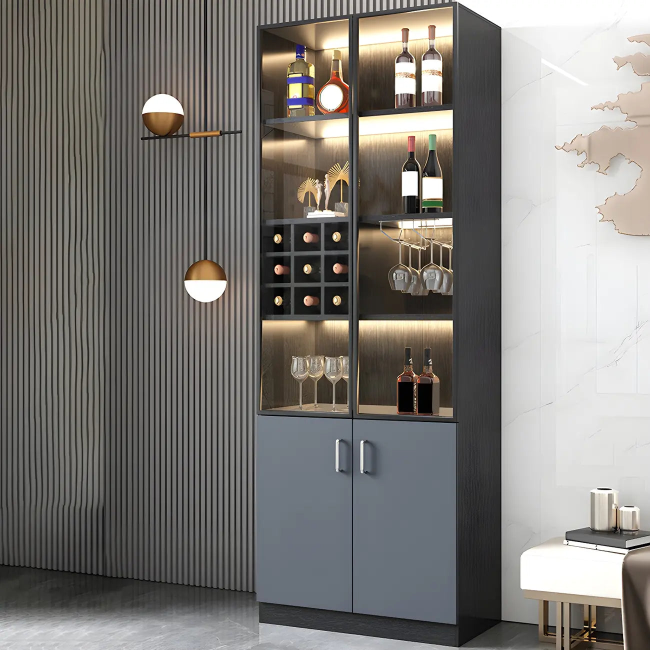 Black-Gray Wood Storage Display Cabinet with Light