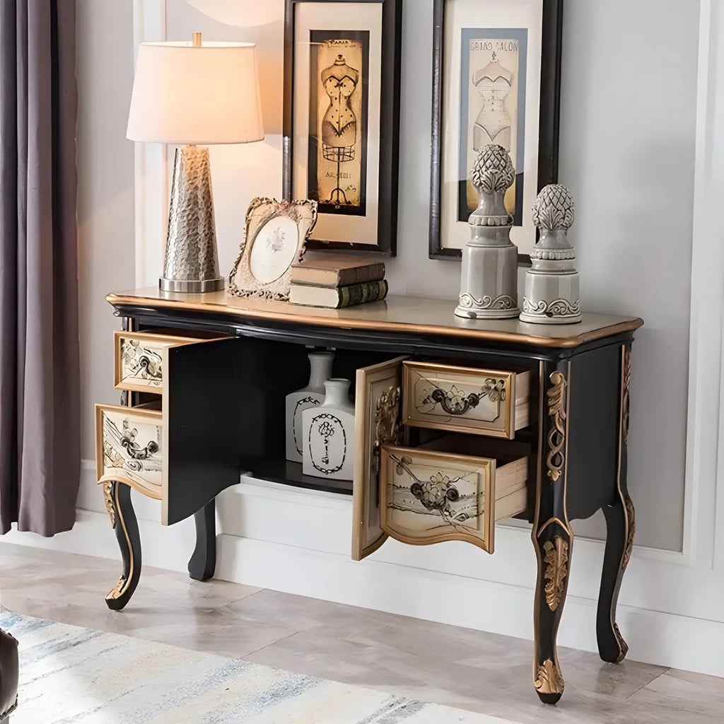 French Coffee Wood Storage Console Table with Drawers