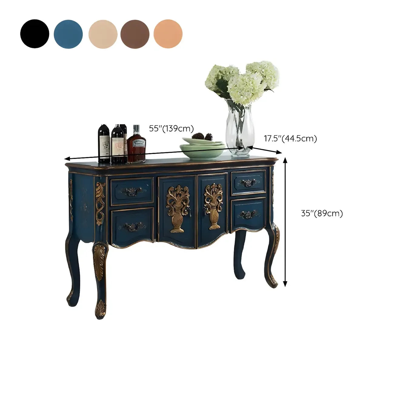 French Coffee Wood Storage Console Table with Drawers