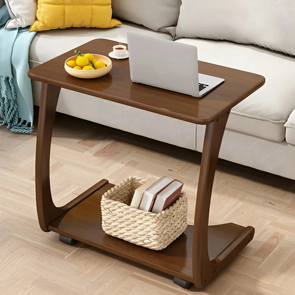 Walnut C-Shaped Side Table With Casters