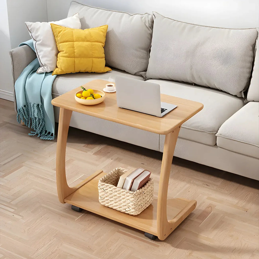 Walnut C-Shaped Side Table With Casters