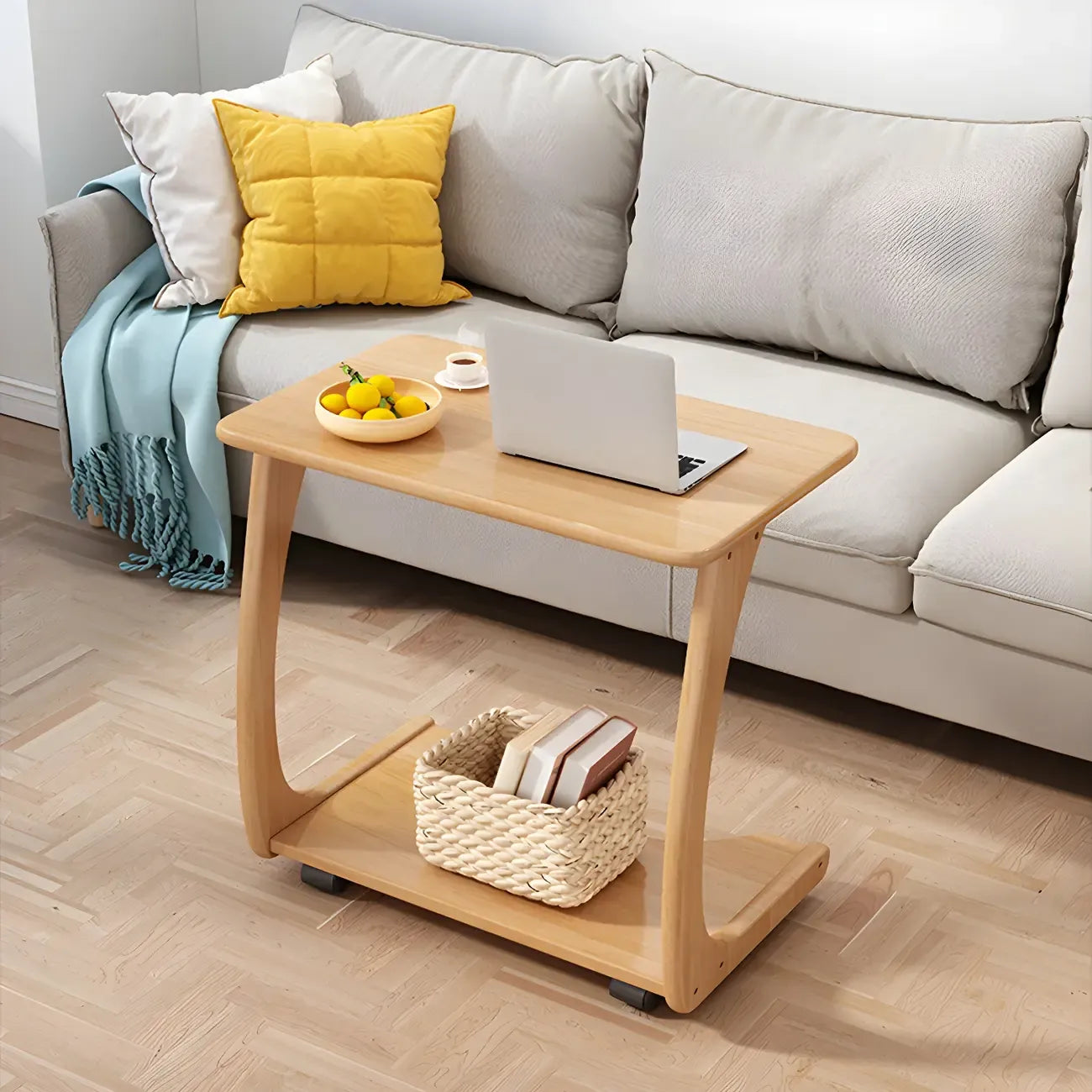 Walnut C-Shaped Side Table With Casters