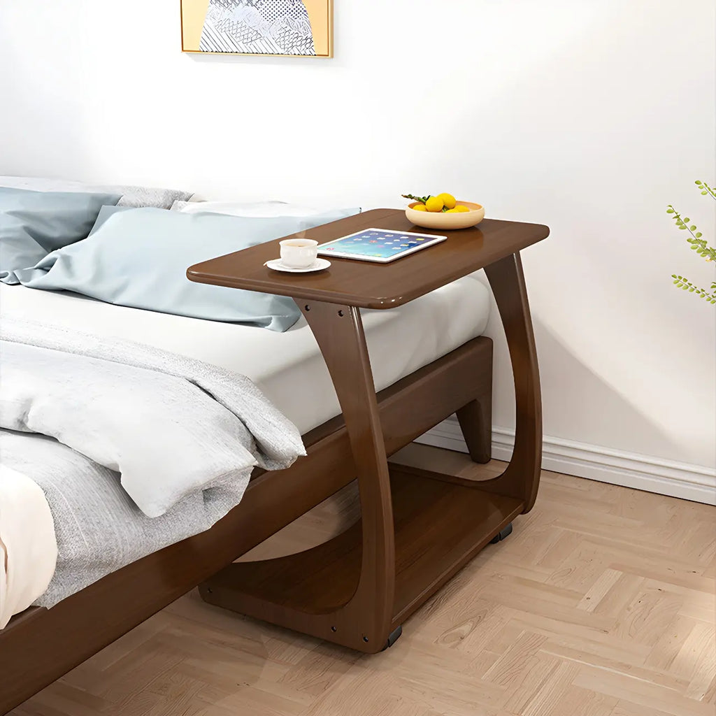 Walnut C-Shaped Side Table With Casters