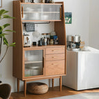 Brown Wooden Glass Door Dining Hutch Cabinet
