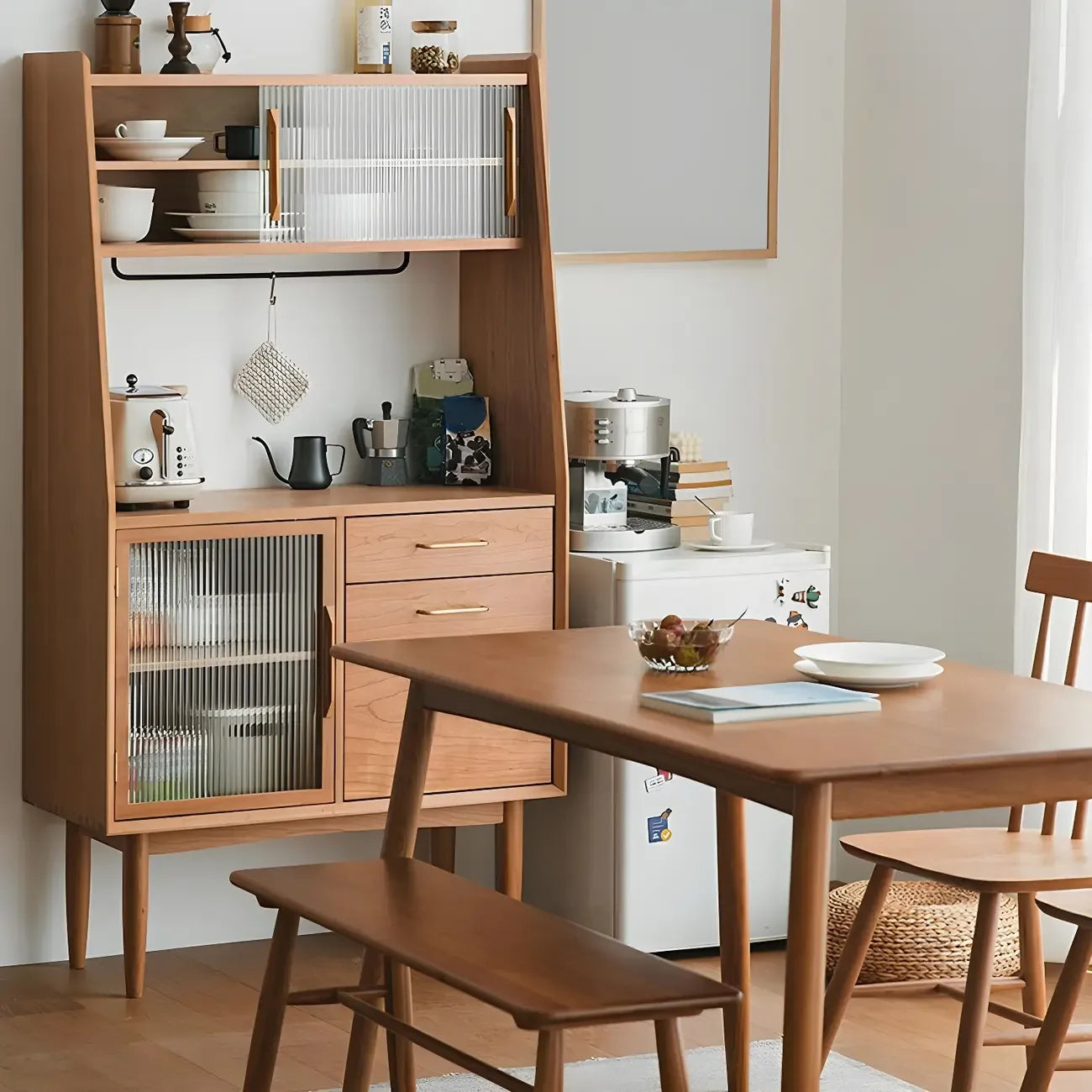Brown Wooden Glass Door Dining Hutch Cabinet