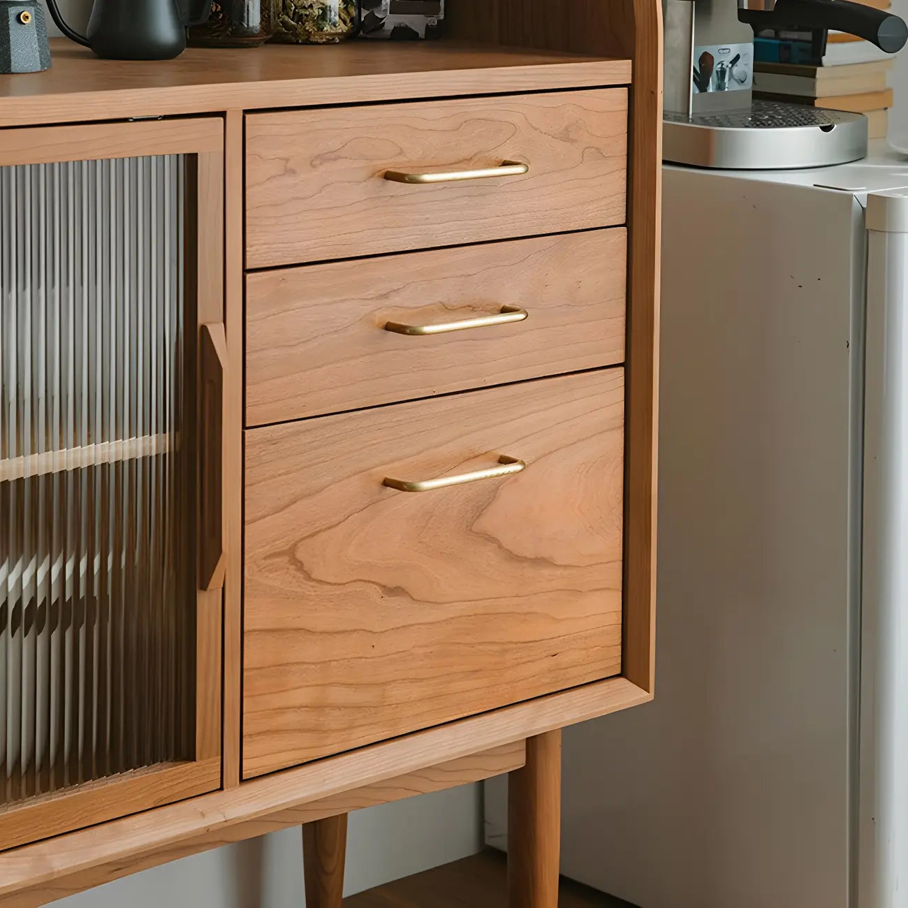 Brown Wooden Glass Door Dining Hutch Cabinet