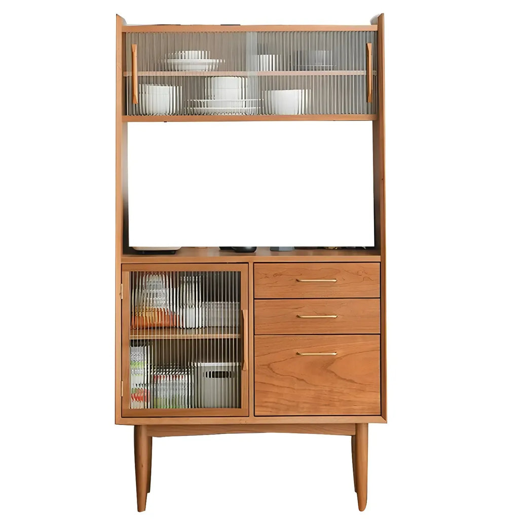 Brown Wooden Glass Door Dining Hutch Cabinet