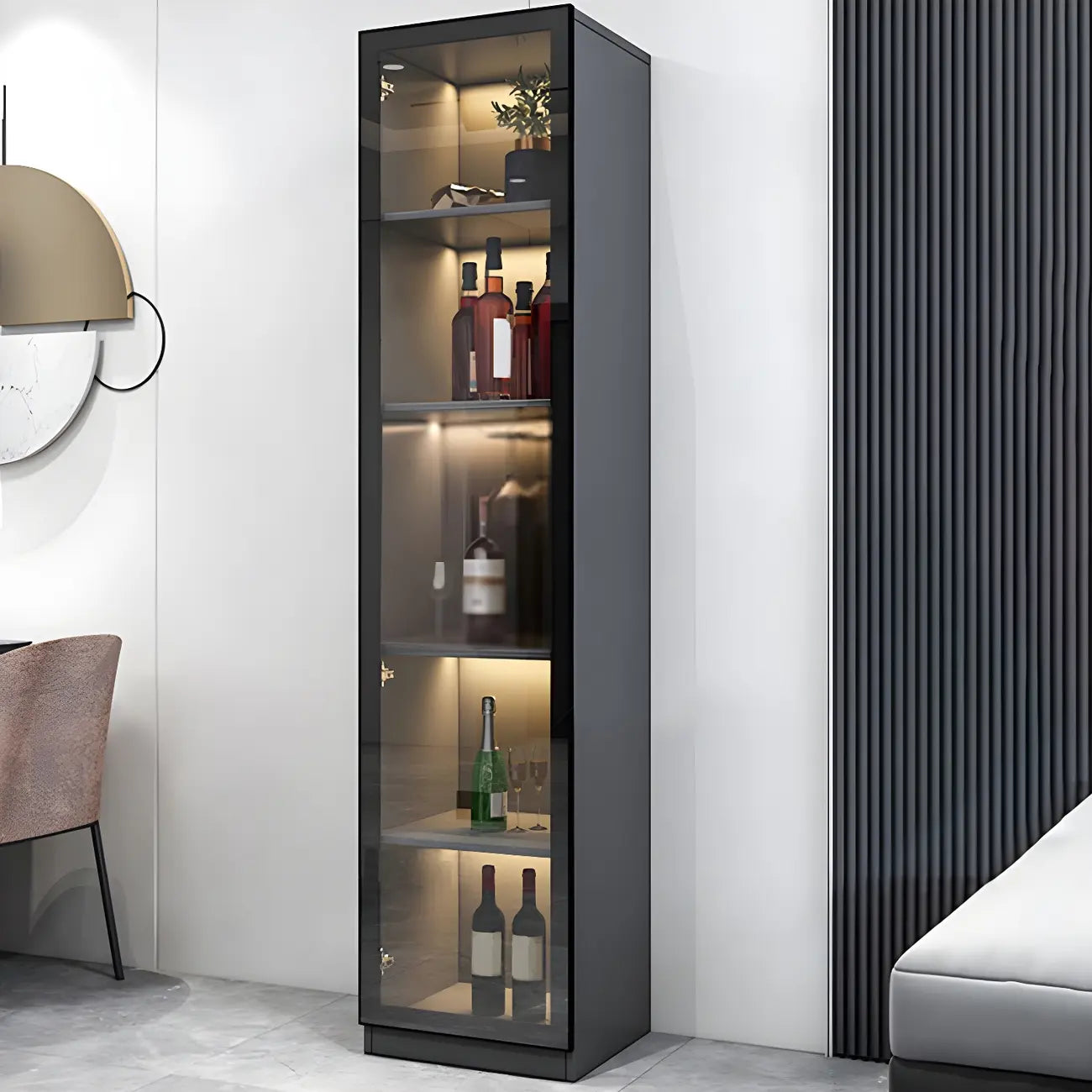 Black Wooden Glass Doors Display Cabinet with Lights