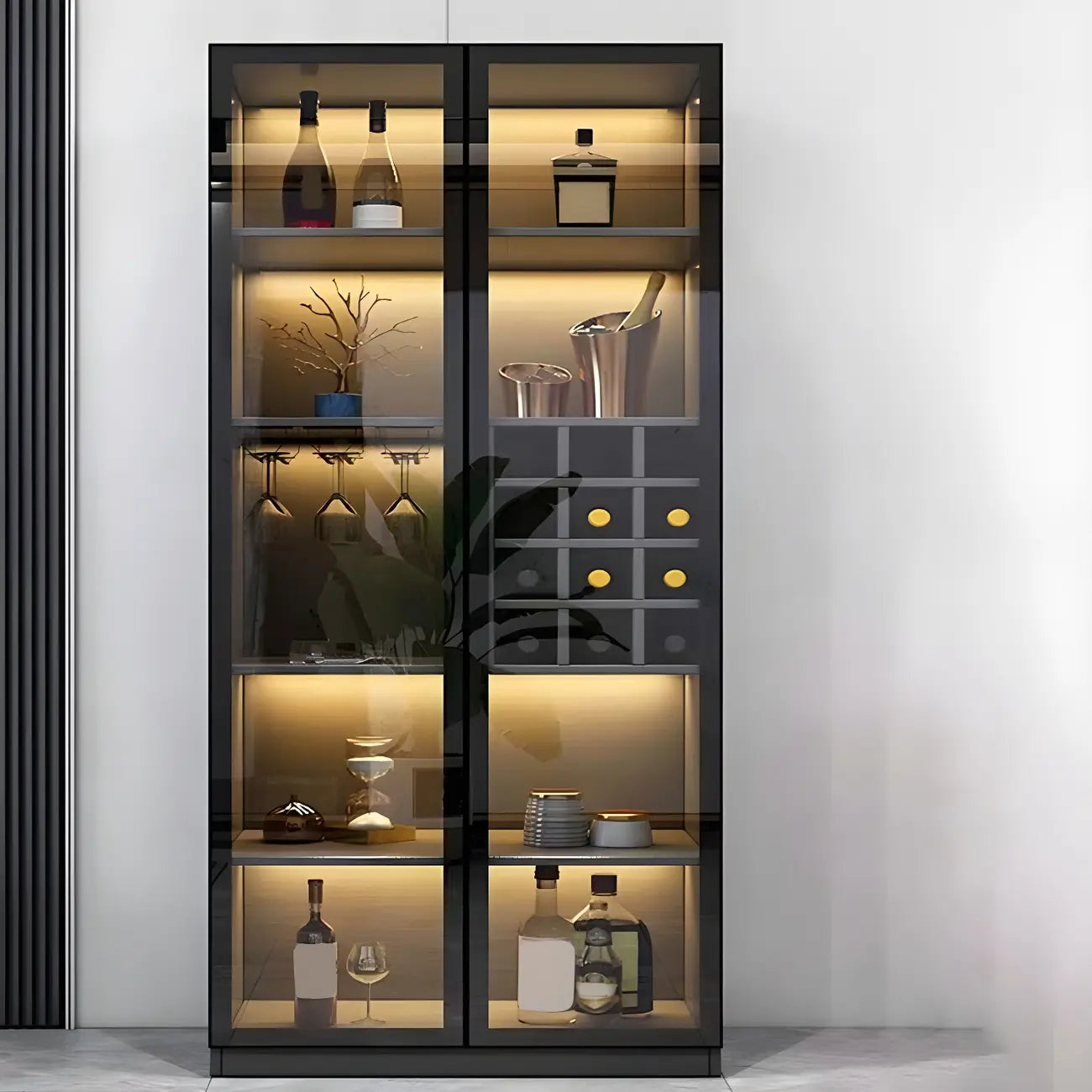 Black Wooden Glass Doors Display Cabinet with Lights