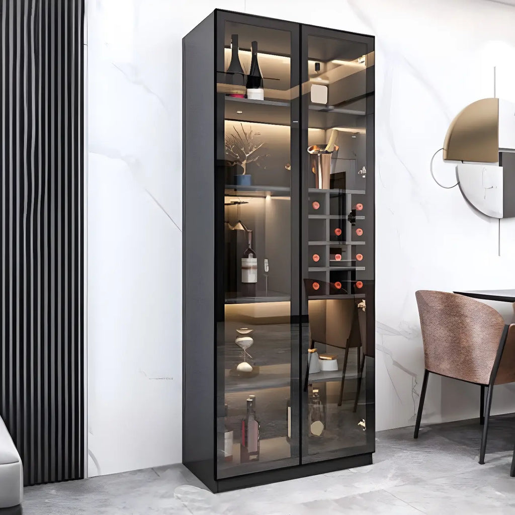 Black Wooden Glass Doors Display Cabinet with Lights