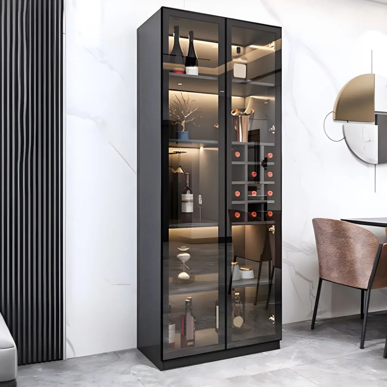 Black Wooden Glass Doors Display Cabinet with Lights