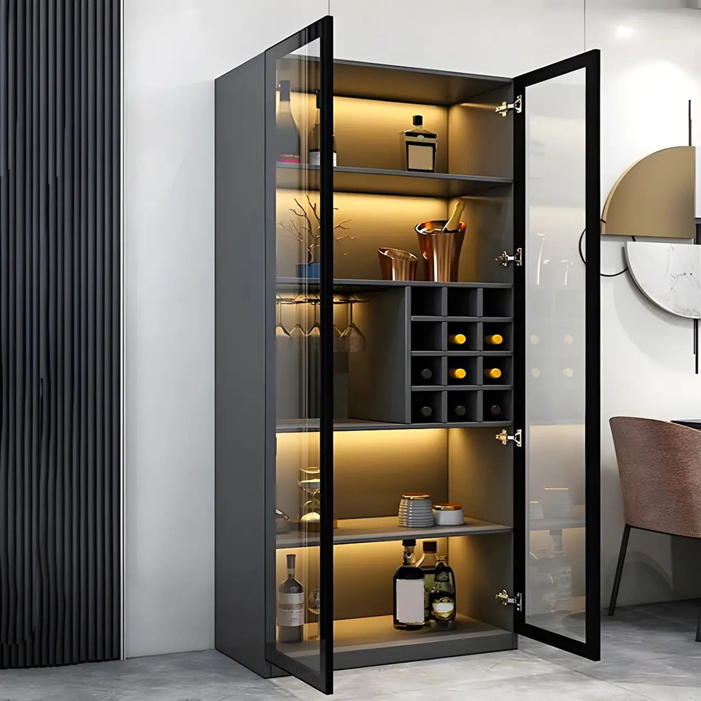 Black Wooden Glass Doors Display Cabinet with Lights