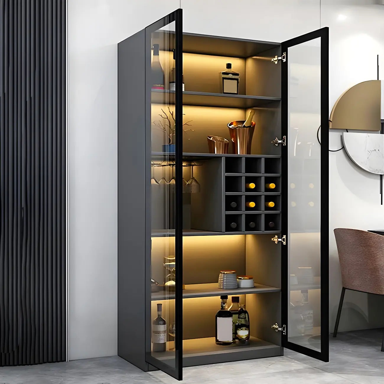 Black Wooden Glass Doors Display Cabinet with Lights