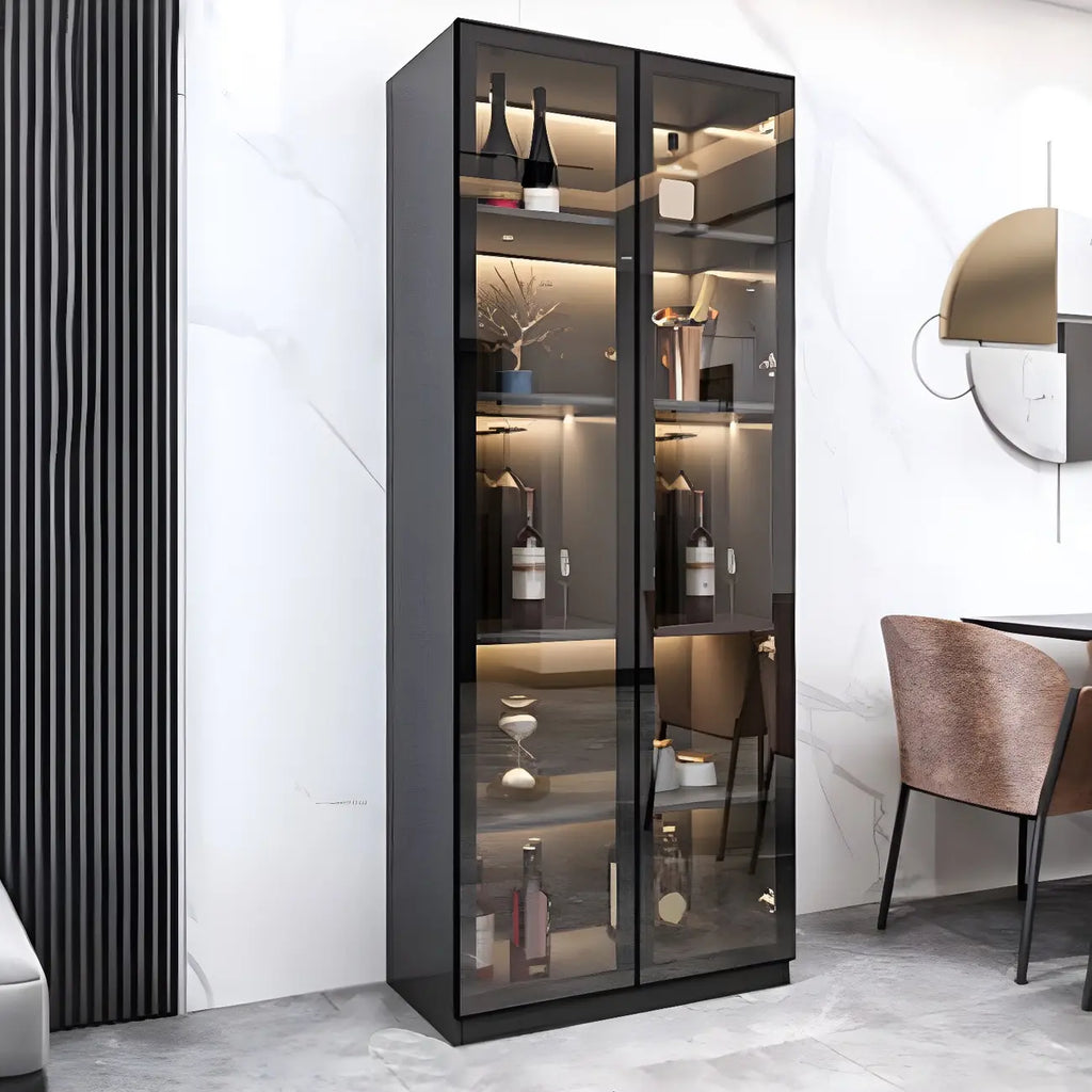 Black Wooden Glass Doors Display Cabinet with Lights