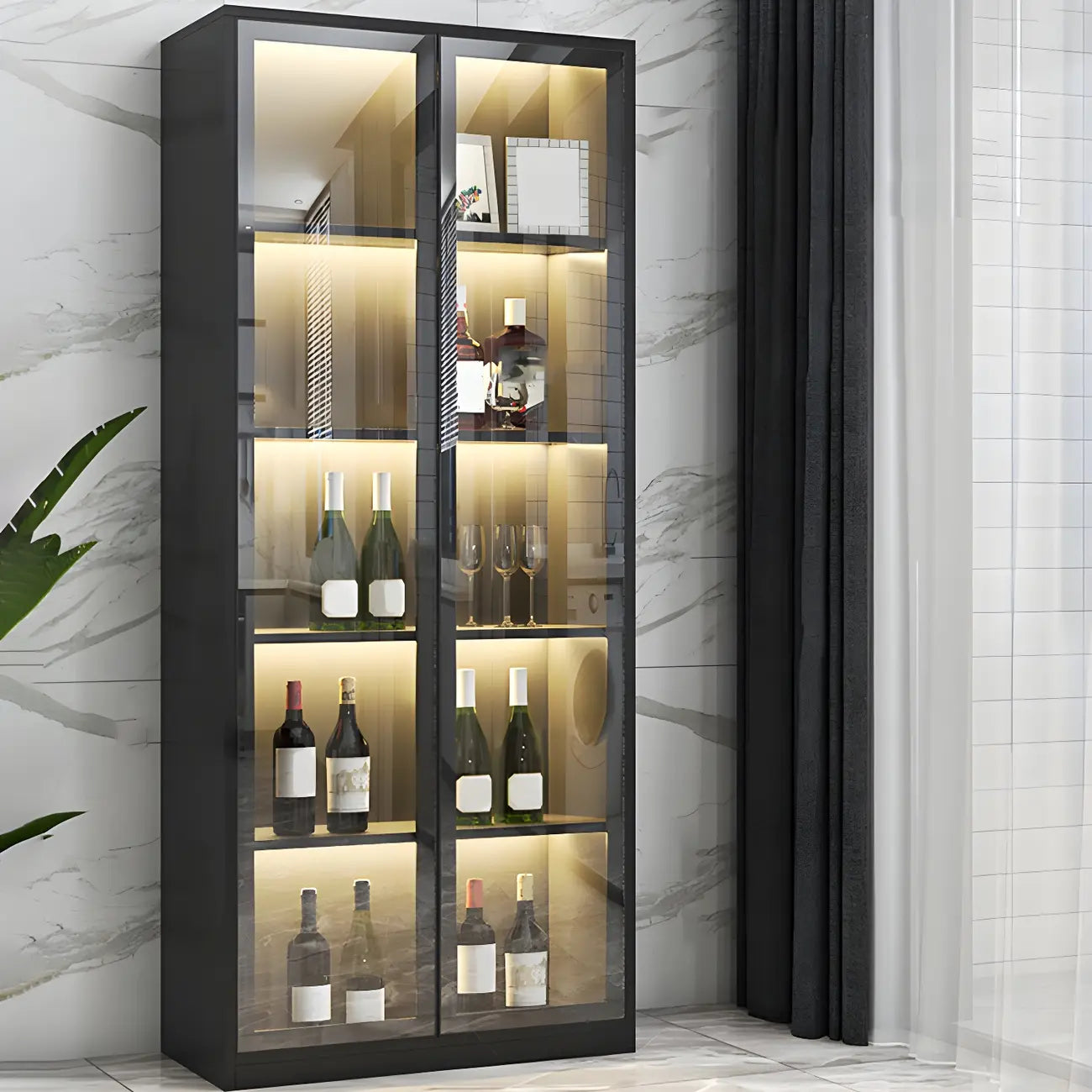Black Wooden Glass Doors Display Cabinet with Lights