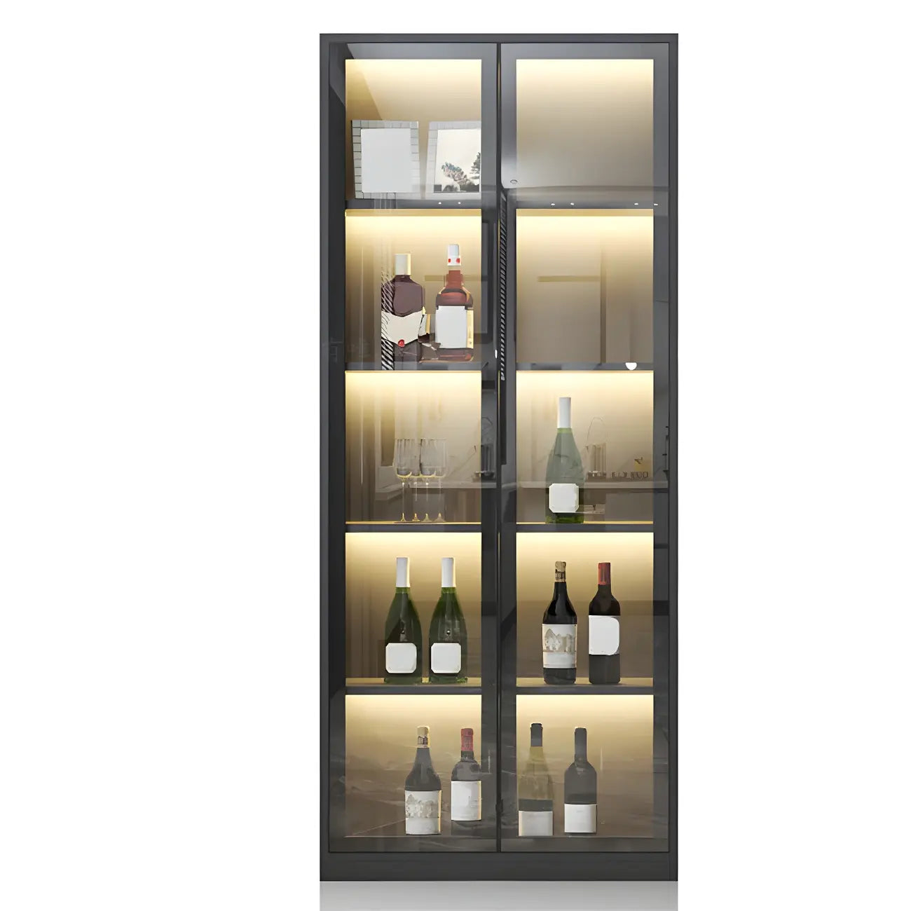 Black Wooden Glass Doors Display Cabinet with Lights
