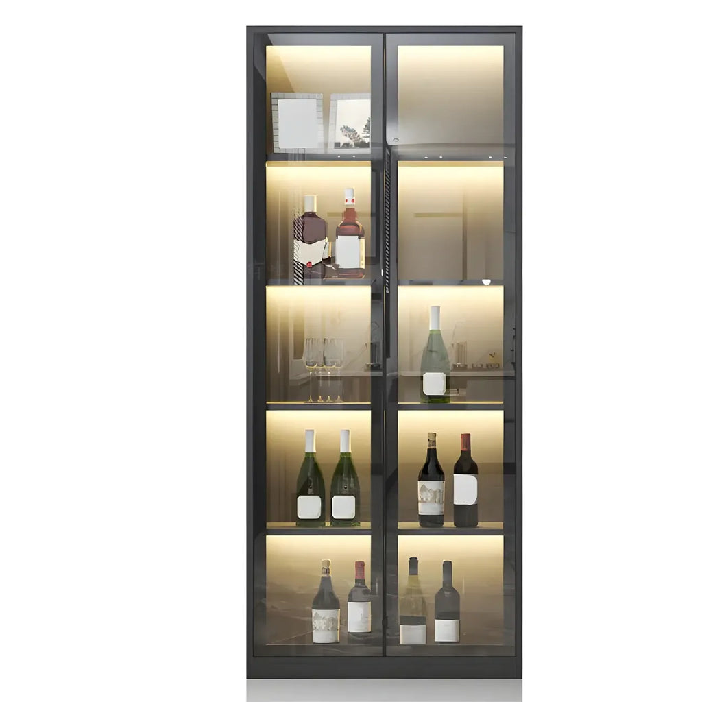 Black Wooden Glass Doors Display Cabinet with Lights