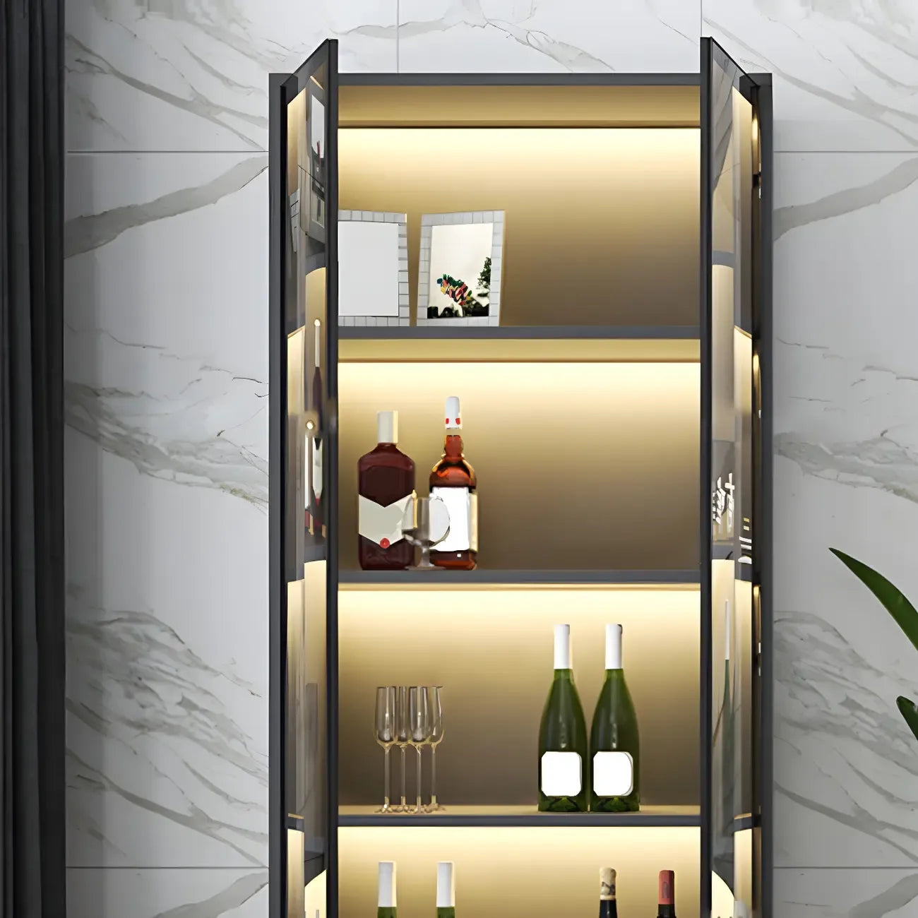 Black Wooden Glass Doors Display Cabinet with Lights