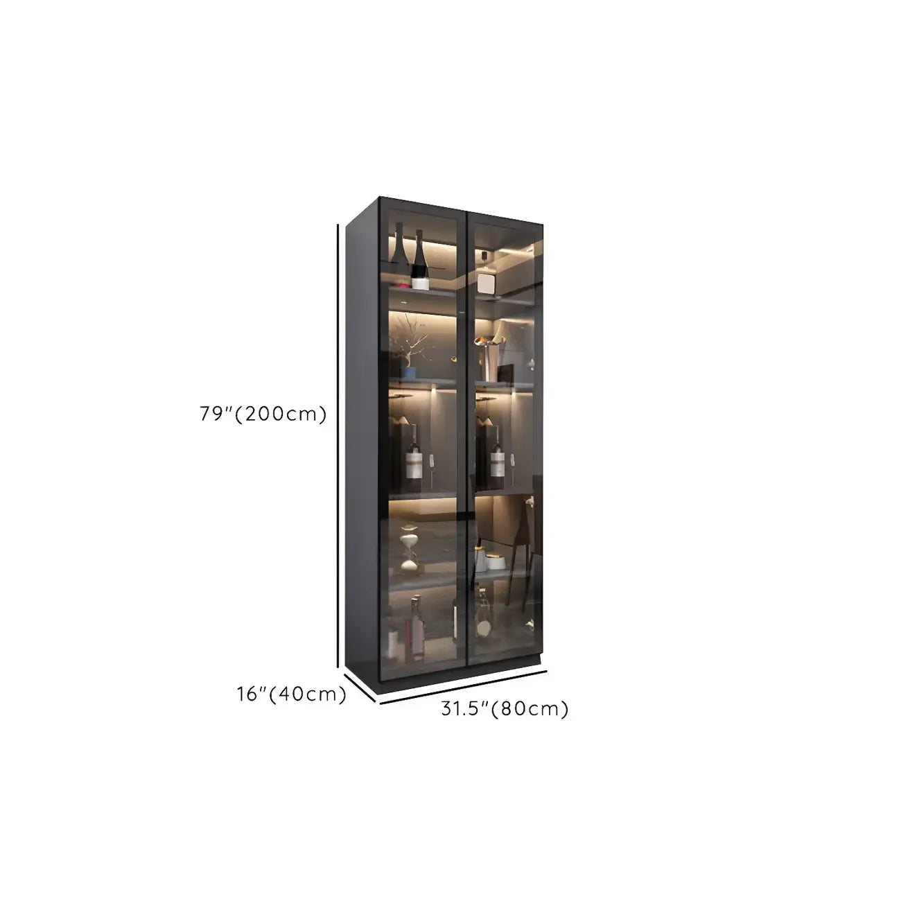 Black Wooden Glass Doors Display Cabinet with Lights