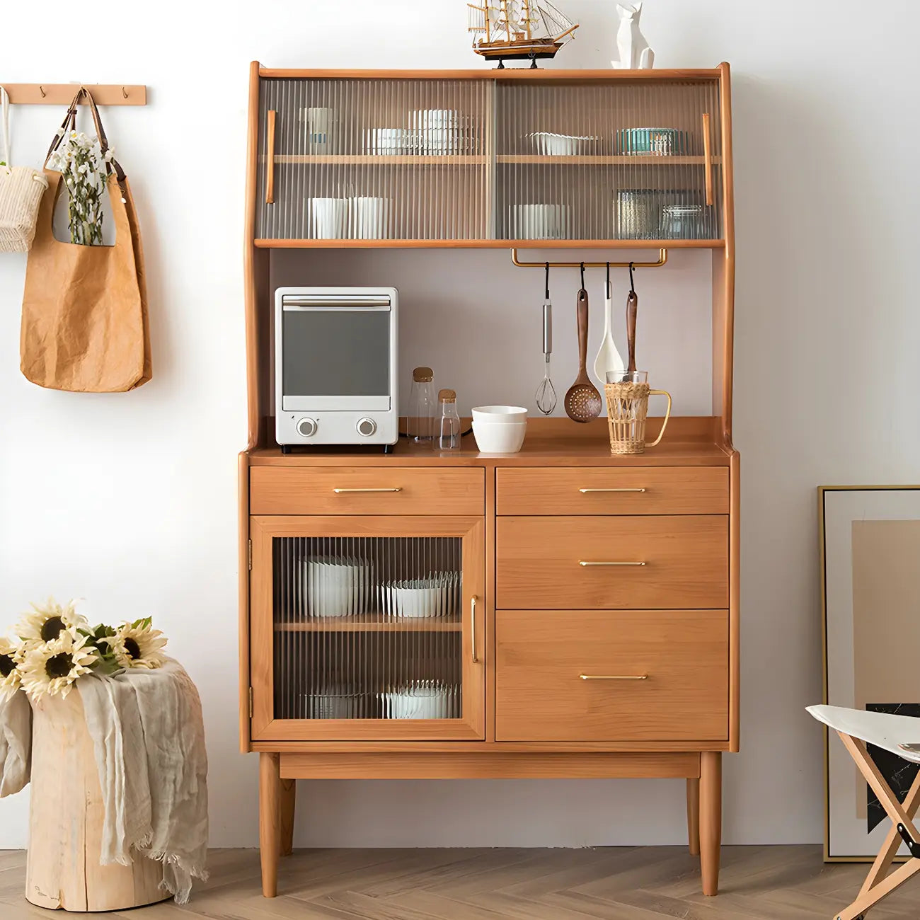 Cherry Wood Open Storage Kitchen Hutch Cabinet