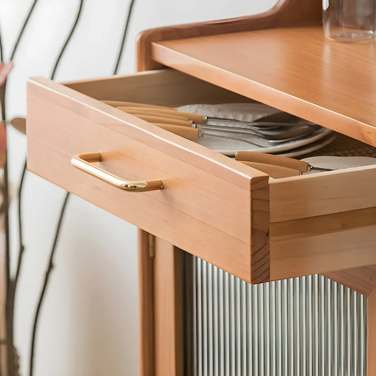 Cherry Wood Open Storage Kitchen Hutch Cabinet