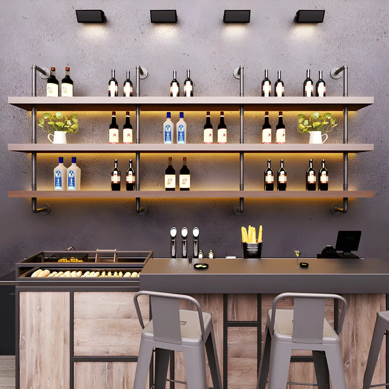 Brown Pine Wood Wall-Mounted Wine Rack with Light