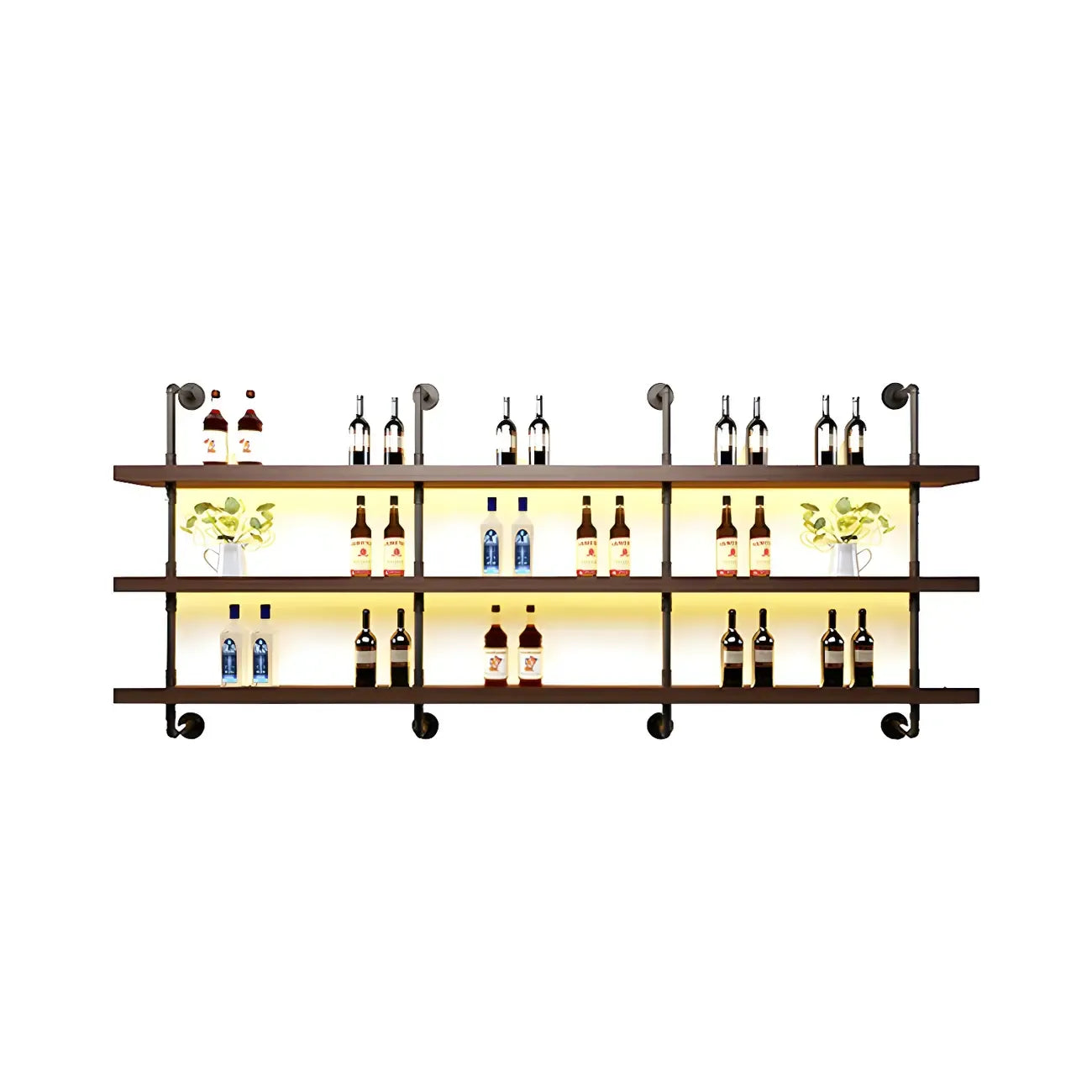 Brown Pine Wood Wall-Mounted Wine Rack with Light