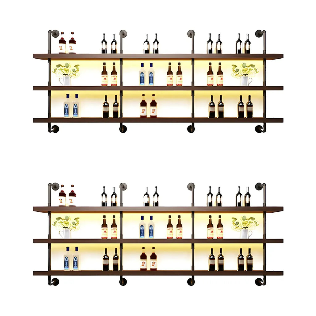 Brown Pine Wood Wall-Mounted Wine Rack with Light