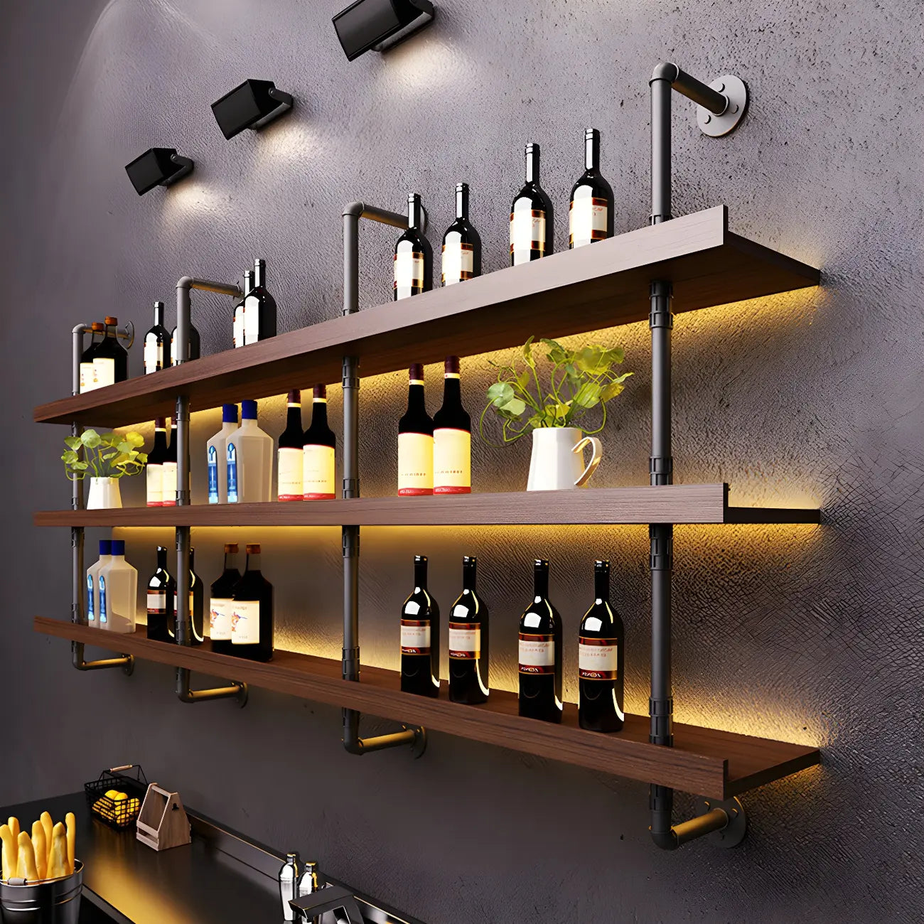 Brown Pine Wood Wall-Mounted Wine Rack with Light