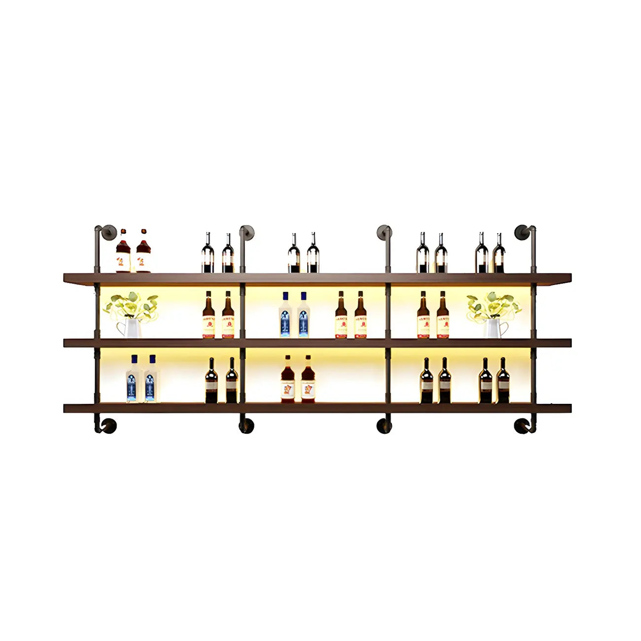 Brown Pine Wood Wall-Mounted Wine Rack with Light