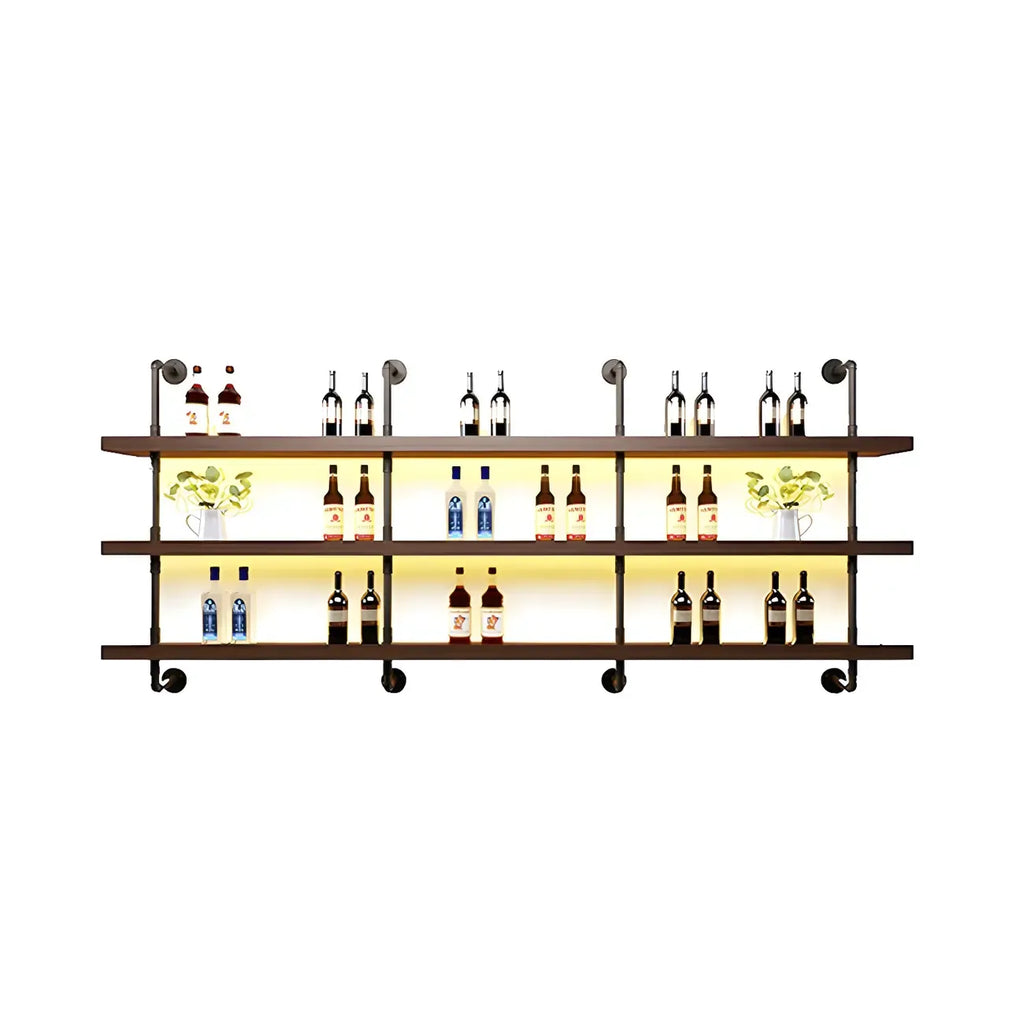 Brown Pine Wood Wall-Mounted Wine Rack with Light